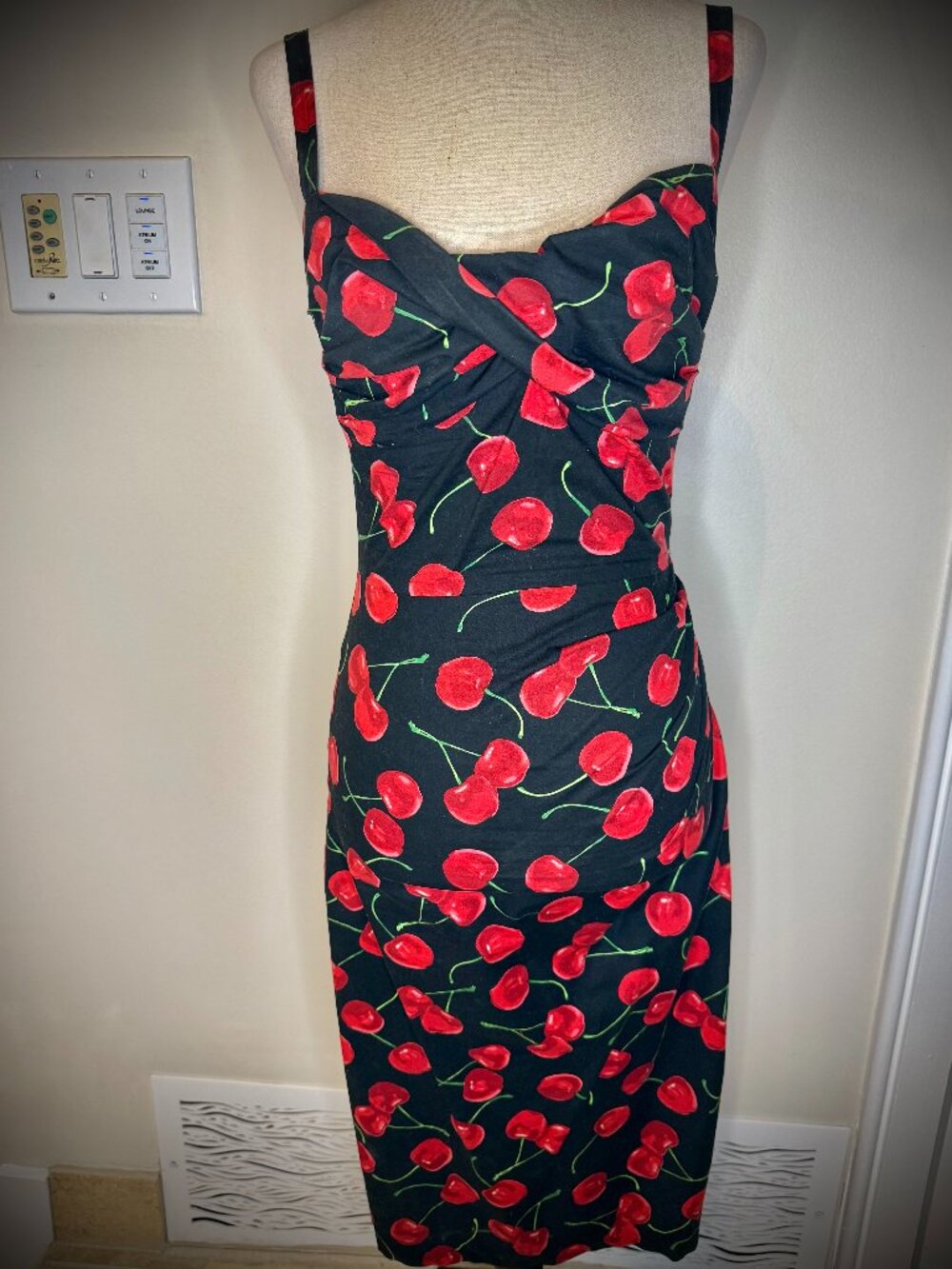 RARE! Stop Staring Cherries Print Black Pinup Wiggle Dress. Spaghetti straps, S